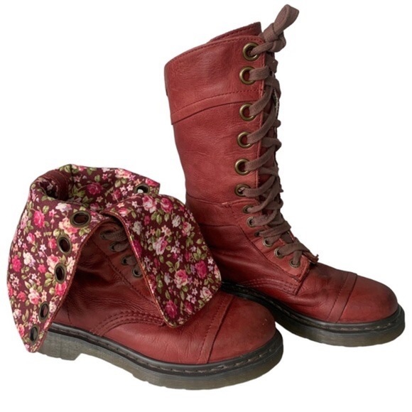 Dr. Martens Shoes - Dr. MARTENS Triumph 14 Red Distressed Fold Over Floral Boots Size 8